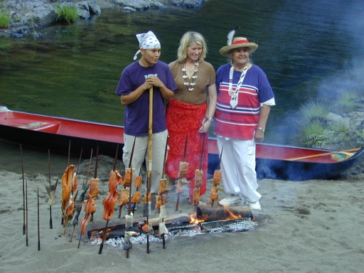 Grandson Jai Kibbe (Yurok), Martha Stewart, and Aggie on the Illinois River, 2001